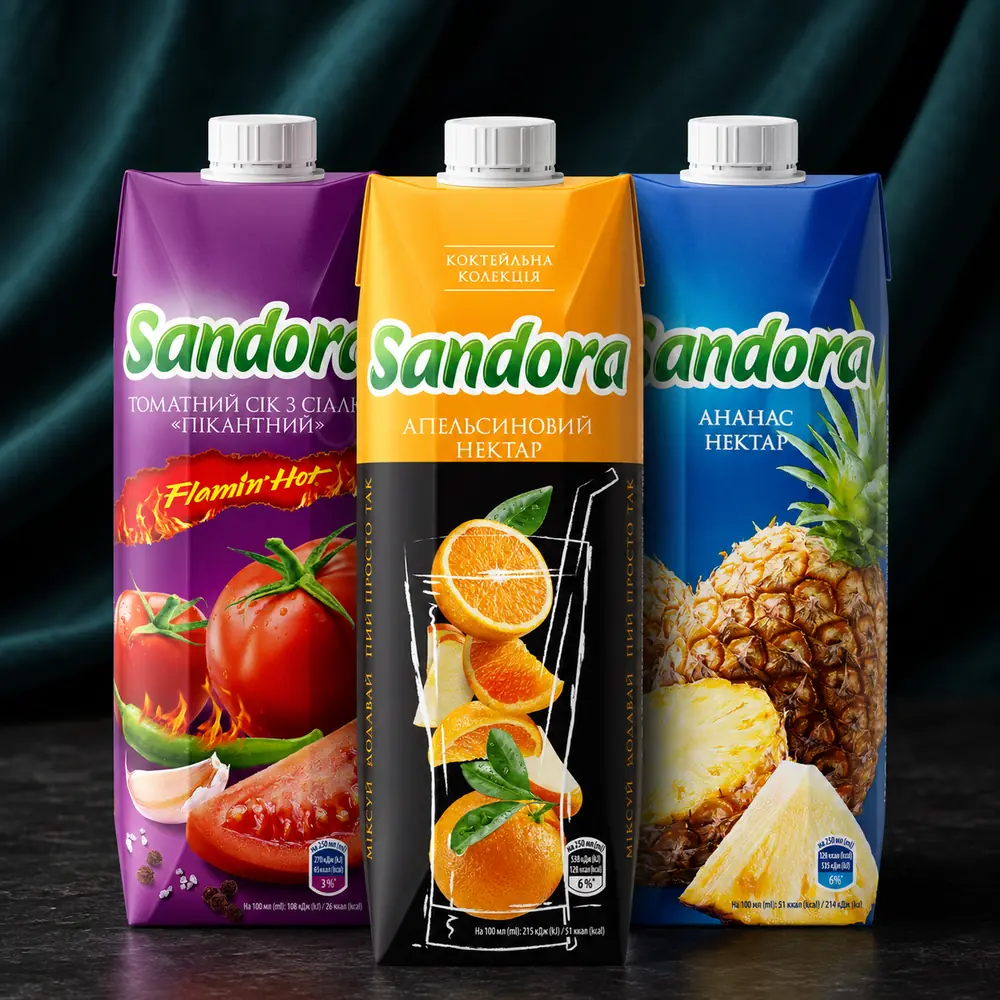 Сік Sandora в асортименті 0,95 л — томатний, апельсиновий та ананасовий